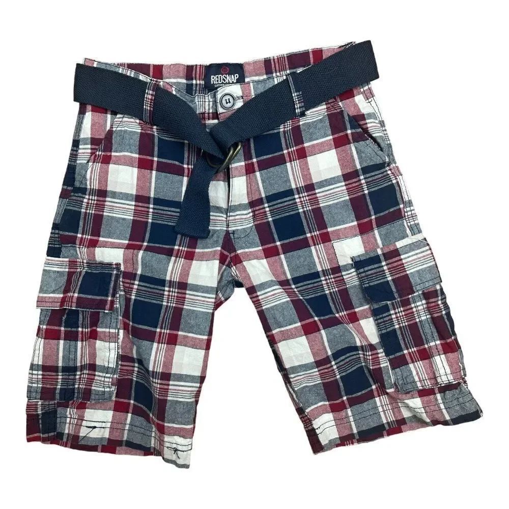 Red Snap Belted Plaid Cargo Shorts Size 10 Blue Red EUC Casual Preppy Cotton
